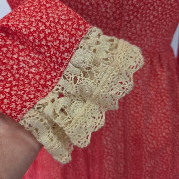 Gunne Sax Red Floral Corset Maxi Dress Size 9 Vintage 70s Prairie Lace Up - Picture 10 of 12